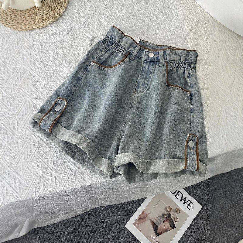 花苞牛仔短裤女夏季薄款松紧高腰a字热裤外穿辣妹宽松卷边阔腿裤