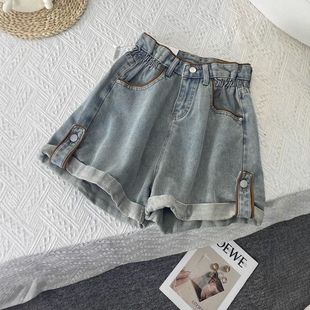 花苞牛仔短裤女夏季薄款松紧高腰a字热裤外穿辣妹宽松卷边阔腿裤