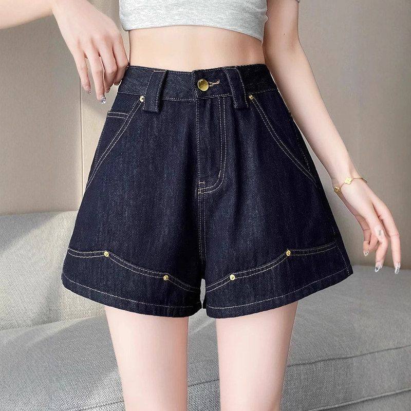 丹宁蓝牛仔短裤女夏季薄款高腰美式复古阔腿a字深色垂感铆钉热裤