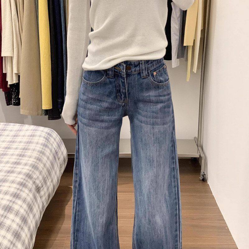 美式复古水洗宽松直筒牛仔裤女春夏新款辣妹低腰设计感窄版阔腿裤