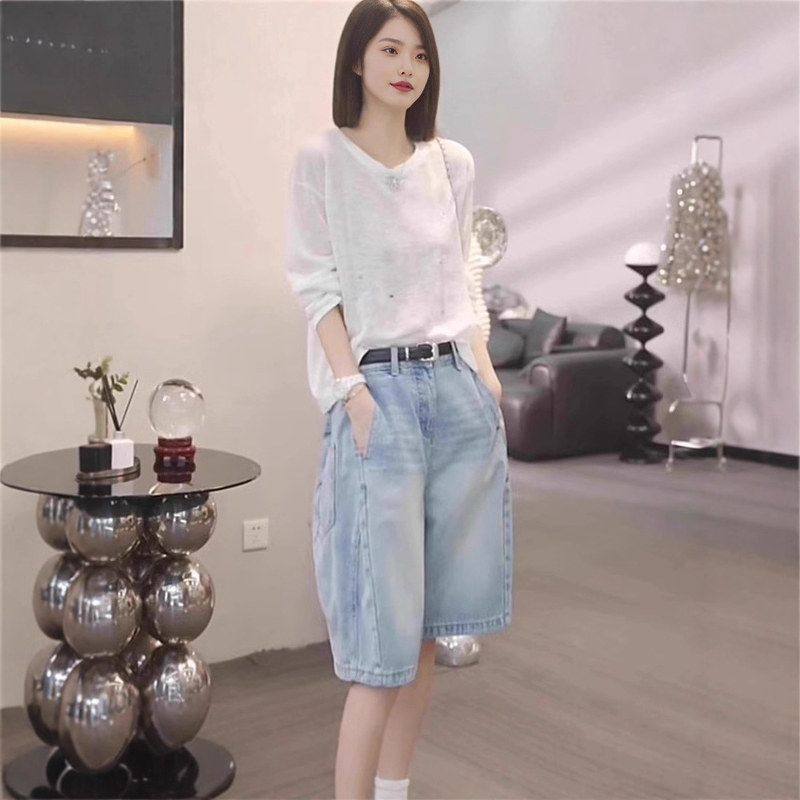 大码宽松五分牛仔裤女2025新款夏季微胖MM高腰显瘦休闲直筒阔腿裤