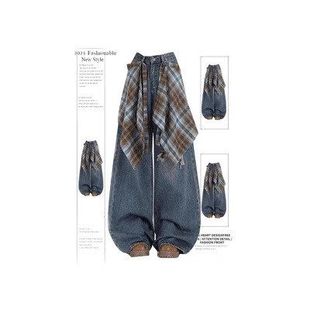 设计感高腰假破洞垂感直筒裤 新款 女2025秋季 可拆卸屁帘阔腿牛仔裤