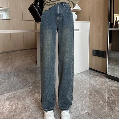 设计感窄版阔腿牛仔裤女胖MM2024冬季新款加绒复古高腰直筒垂感裤