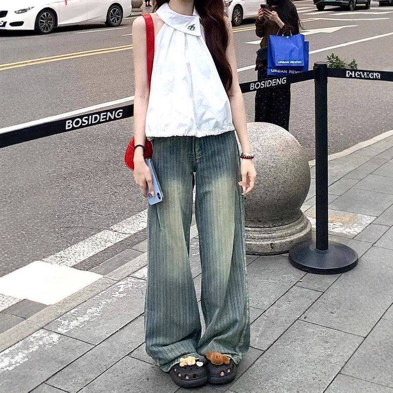 美式复古条纹牛仔裤女2025新款高腰宽松显瘦垂感直筒阔腿拖地裤子