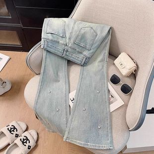 重工星星烫钻亮闪闪浅蓝色牛仔裤女春秋高腰修身弹力微喇喇叭裤子