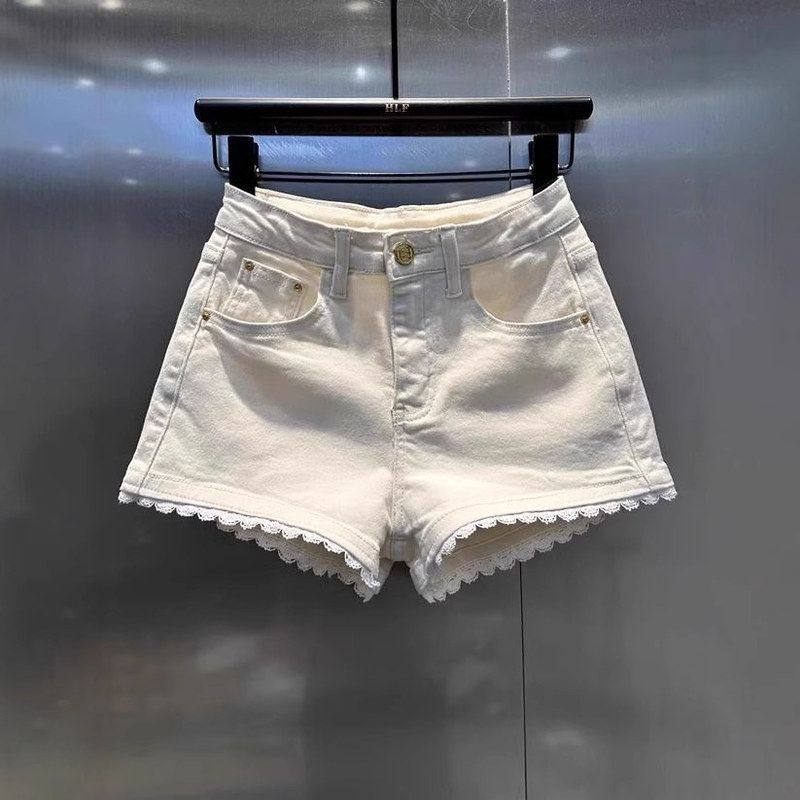 超热辣妹蕾丝花边拼接牛仔短裤2025夏季薄款高腰宽松显瘦a字热裤
