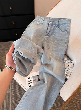 爆款烫钻bulingling牛仔裤女2025秋季新款胖mm高腰宽松显瘦直筒裤