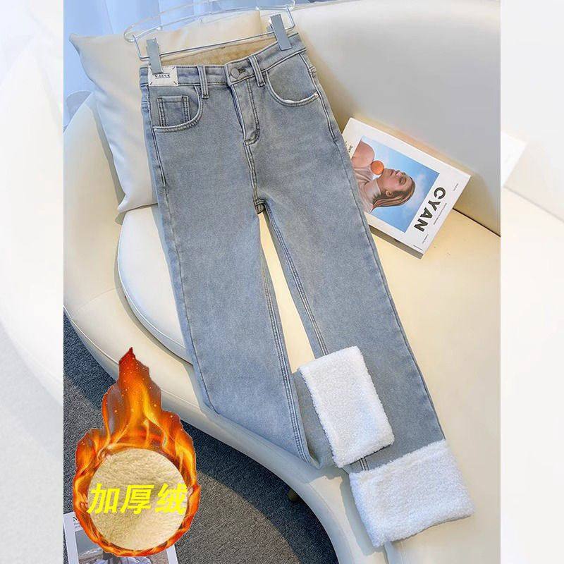 胖MM大码加绒加厚翻边拼接烟管牛仔裤女冬季高腰显瘦浅蓝色直筒裤