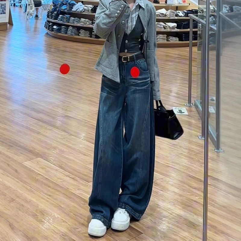 美式复古水洗弯刀阔腿牛仔裤女秋季2025新款高腰显瘦垂感拖地裤子