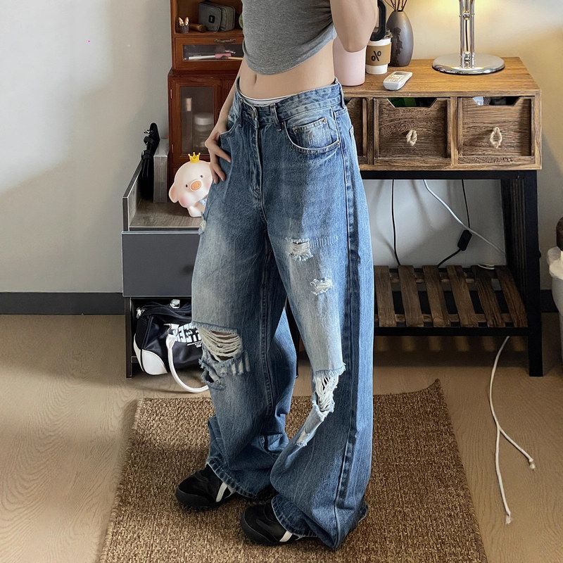 美式复古水洗做旧乞丐破洞牛仔裤女春秋新款宽松直筒阔腿拖地长裤