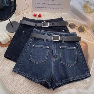 女2024年夏季 热裤 韩版 百搭短裤 子 多口袋时尚 高腰深蓝色牛仔阔腿裤