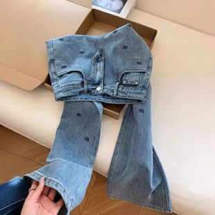 设计感玫瑰刺绣直筒牛仔裤女春季新款亮闪闪烫钻高腰显瘦阔腿裤