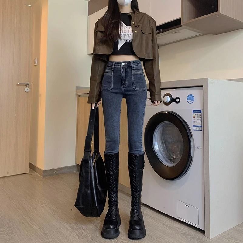 设计感蓝灰色小脚牛仔裤女2024年春季新款小众高腰显瘦紧身铅笔裤