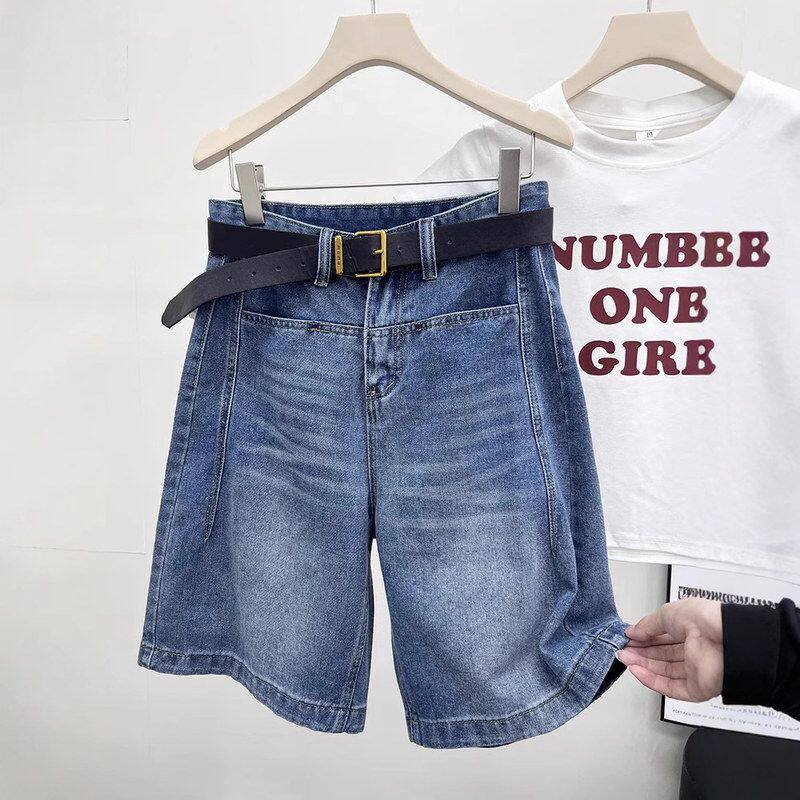复古休闲蓝色牛仔短裤女2025年夏季新款高腰宽松显瘦a字直筒中裤