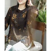 女休闲宽松亲肤软糯上衣 衬衫 艾绘馆新中式 复古黑金暗纹提花长袖