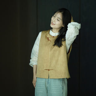 艾绘馆新中式 国风盘扣马夹坎肩 复古亚麻提花夹棉马甲背心女秋冬季