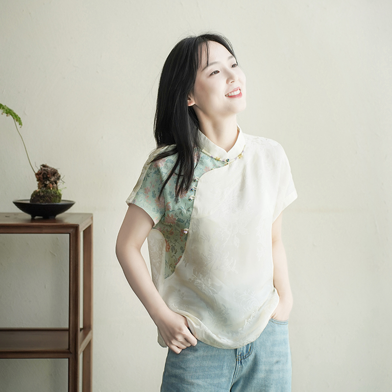 艾绘馆2024夏季提花新款贡缎上衣