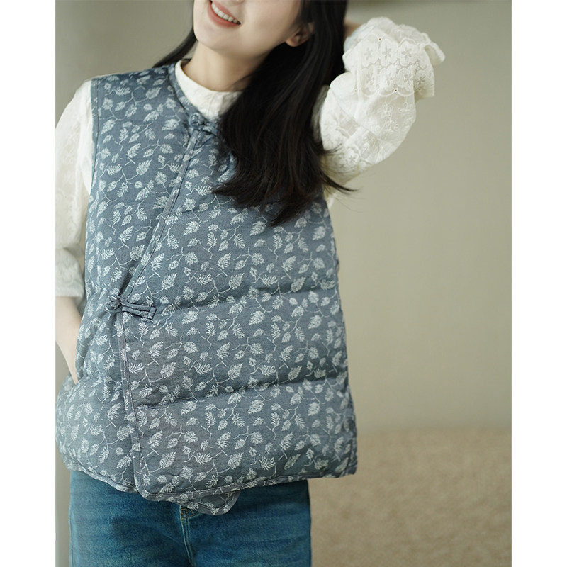 艾绘馆新中式复古印花斜襟盘扣羽绒马甲女冬季90白鸭绒无袖背心,女装/女士精品,马夹,淘宝优惠券,粉丝福利购,淘宝优惠卷