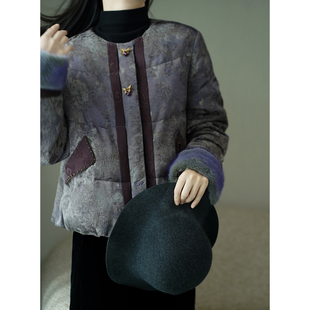 艾绘馆新中式 休闲盘扣保暖棉服外套 复古国风提花90鹅绒服女秋冬季