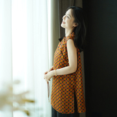 休闲宽松显瘦无袖 上衣女夏季 背心 国风复古印花中长款 艾绘馆新中式