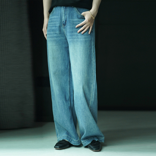 女遮肉显瘦慵懒风直筒阔腿裤 艾绘馆夏季 休闲宽松水洗复古蓝牛仔裤