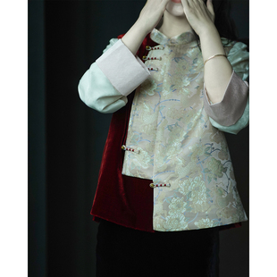 艾绘馆新中式 复古盘扣马夹坎肩 真丝丝绒拼接人丝宋锦马甲女秋冬季