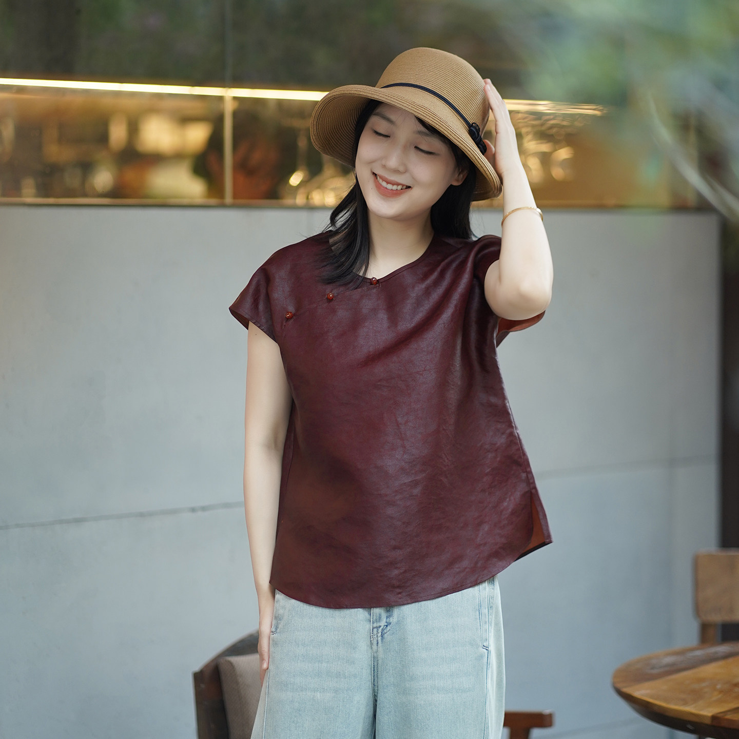 艾绘馆新中式复古真丝斜襟盘扣短袖上衣女夏国风休闲宽松显瘦茶服