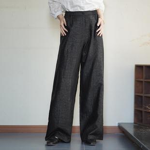 休闲松紧高腰长裤 女夏季 黑色香云纱龟裂纹真丝直筒裤 艾绘馆新中式