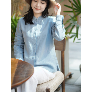 艾绘馆新中式休闲风100%亚麻长袖衬衫女春季挺括有型小立领衬衣