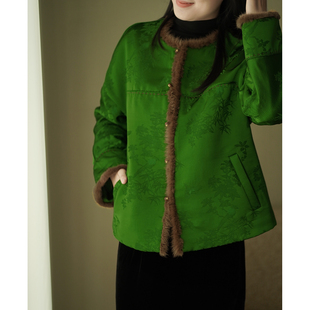 艾绘馆冬季 人丝水貂毛领棉服女国风复古提花保暖舒适外套 新中式