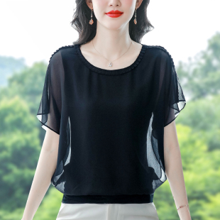 气质蝙蝠袖雪纺衫女小衫2026夏季新款中年短袖松紧腰显瘦黑色上衣