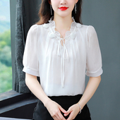 纯色系带雪纺衫 花瓣遮肚子显瘦小衫 女上衣2026夏新款 立领中年短袖