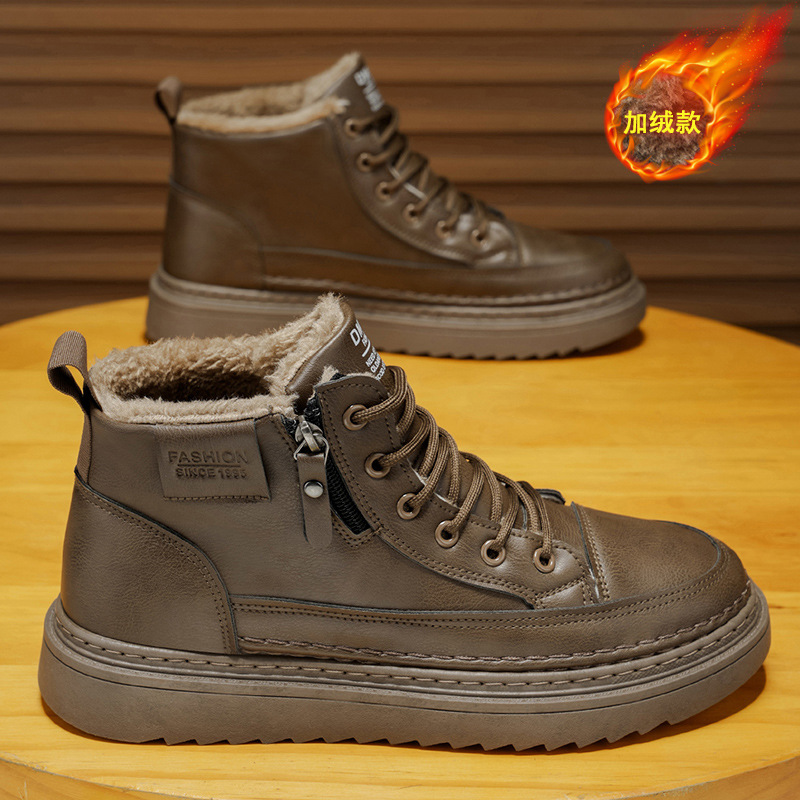 冬季加绒马丁靴男鞋新款潮流百搭加厚保暖短靴工装皮面棉鞋短靴