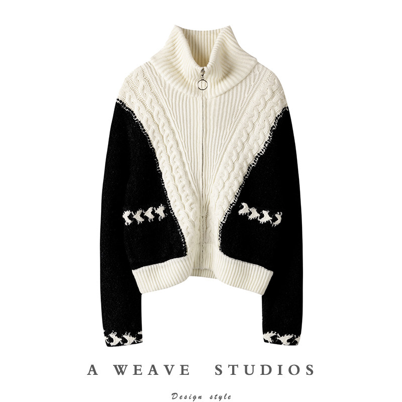 潮人都爱！！黑白拼色纯羊绒上衣冬厚款毛衣外套针织开衫女,女装/女士精品,羊绒衫,淘宝优惠券,粉丝福利购,淘宝优惠卷