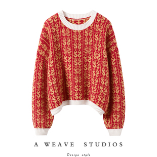 美的不像话！新款羊绒衫女撞色边圆领廓形慵懒套头红色羊绒毛衣