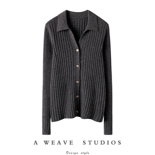 源出篙货!立体坑条羊绒开衫女修身Polo领纯羊绒毛衣开衫