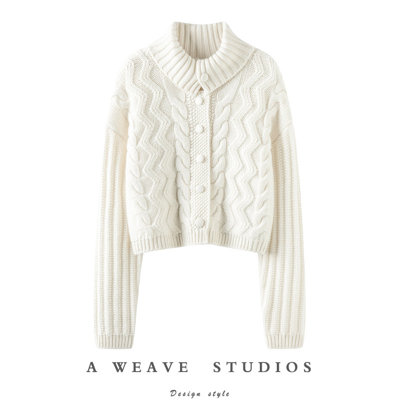 冬日的精灵~立领加厚麻花100%羊绒毛衣外套女2024新款宽松短款衫,女装/女士精品,羊绒衫,淘宝优惠券,粉丝福利购,淘宝优惠卷