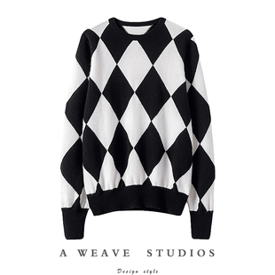 与生俱来好气质!!菱格圆领山羊绒衫女纯羊绒毛衣打底针织衫宽松