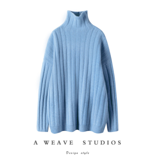 JBR男女黑色粗坑条重磅山羊绒衫女粗棒针织加厚高领羊绒毛衣套头