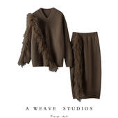 好美好美 加厚 女V领半身裙套装 900克 高定鸵鸟毛100%纯山羊绒衫