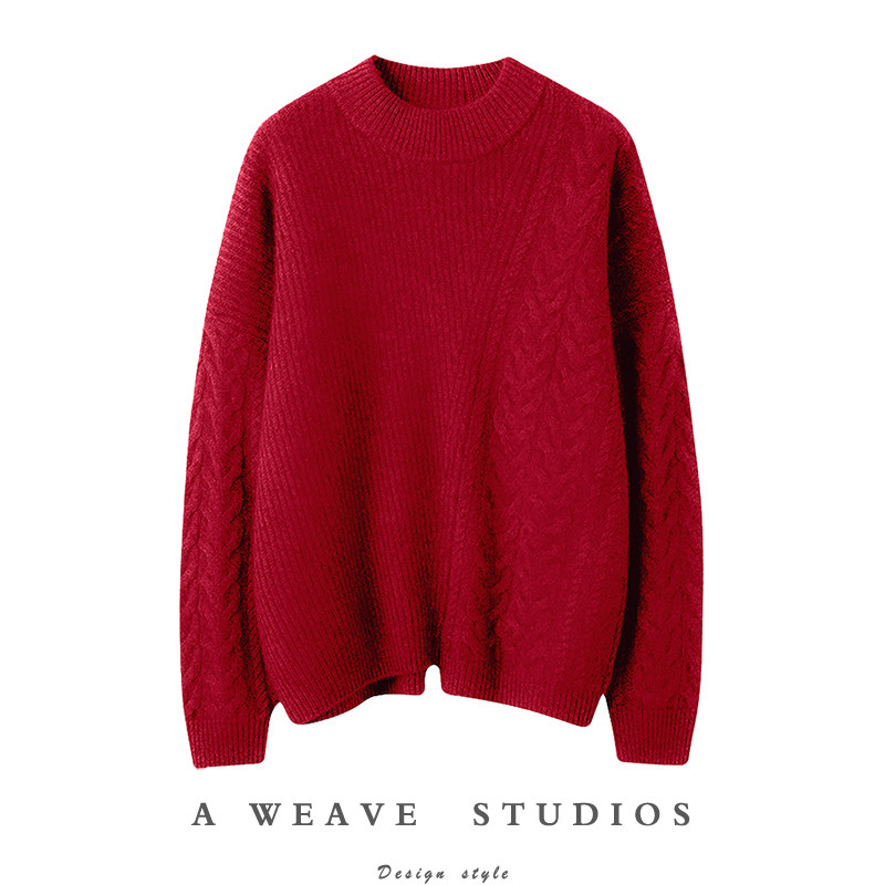 错过太可惜~漂亮不对称麻花设计羊绒衫女 双层半高领纯羊绒毛衣