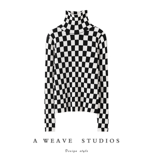 气质不败时髦！棋盘格高领羊绒衫女纯羊绒毛衣修身针织打底衫秋冬