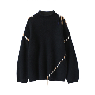 一看就是高货 女加厚纯羊绒毛衣宽松慵懒冬上衣 彩绳半高领羊绒衫