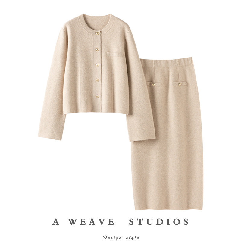 迫不及待想穿上！加厚100%纯山羊绒开衫女阔袖针织长款半身裙套装