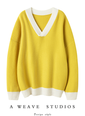 太迷人匠心好穿！姜黄色V领宽松纯羊绒毛衣女秋冬山羊绒衫女加厚