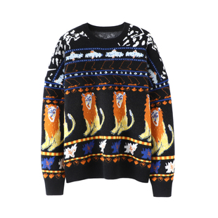 太喜欢了 女圆领纯羊绒毛衣宽松加厚 复古彩色小狮子提花羊绒衫