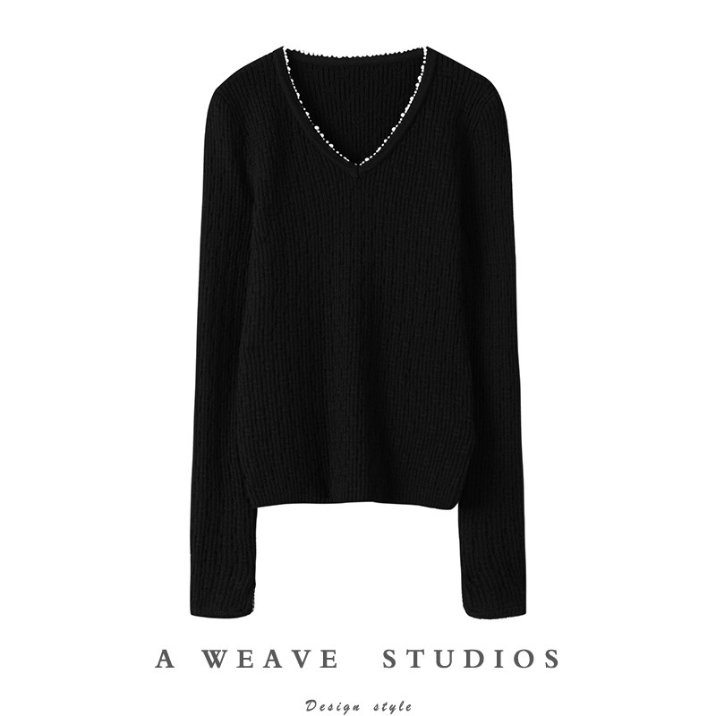 精致时髦！珍珠黑色内搭V领打底上衣复古显瘦山羊绒针织衫女春,女装/女士精品,羊绒衫,淘宝优惠券,粉丝福利购,淘宝优惠卷