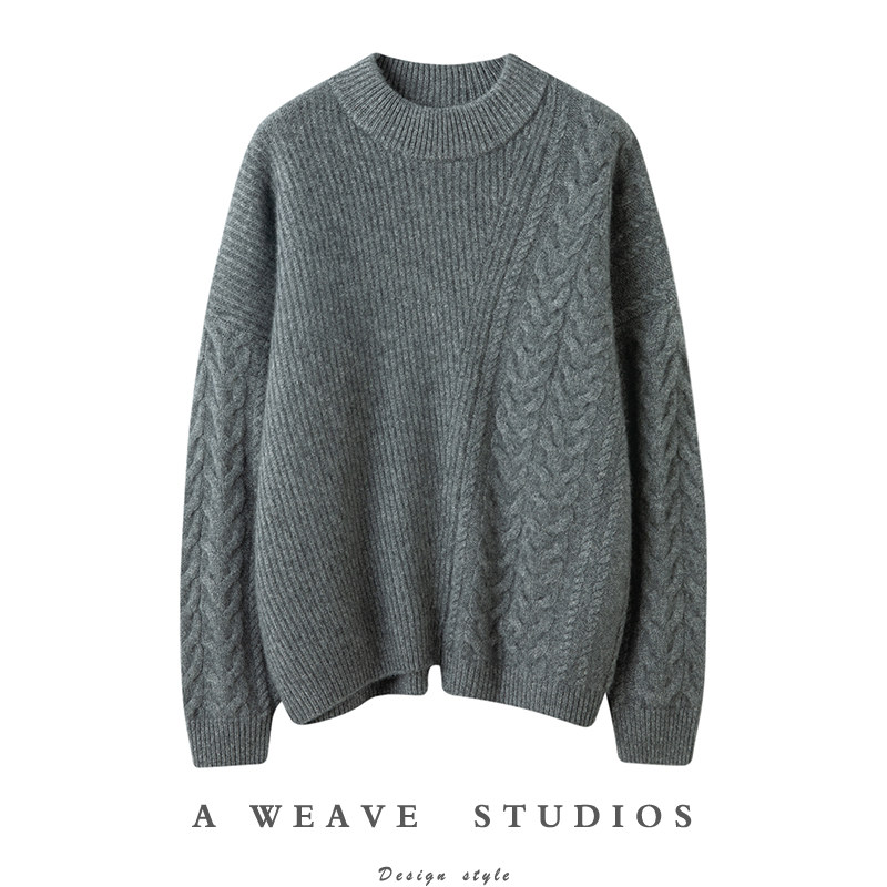 帅气廓形 漂亮的不对称麻花设计羊绒衫女 双层半高领纯羊绒毛衣
