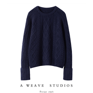 设计纯羊绒毛衣针织衫 女绞花翻边袖 冬 加厚圆领羊绒衫 时髦小仙女