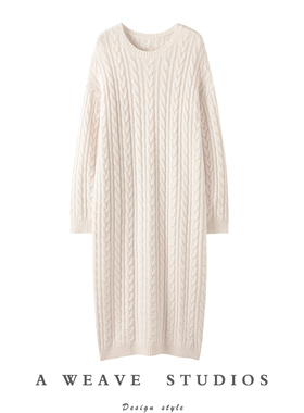 实穿人见人夸~重磅羊绒圆领套头奢贵100%纯羊绒绞花针织连衣裙